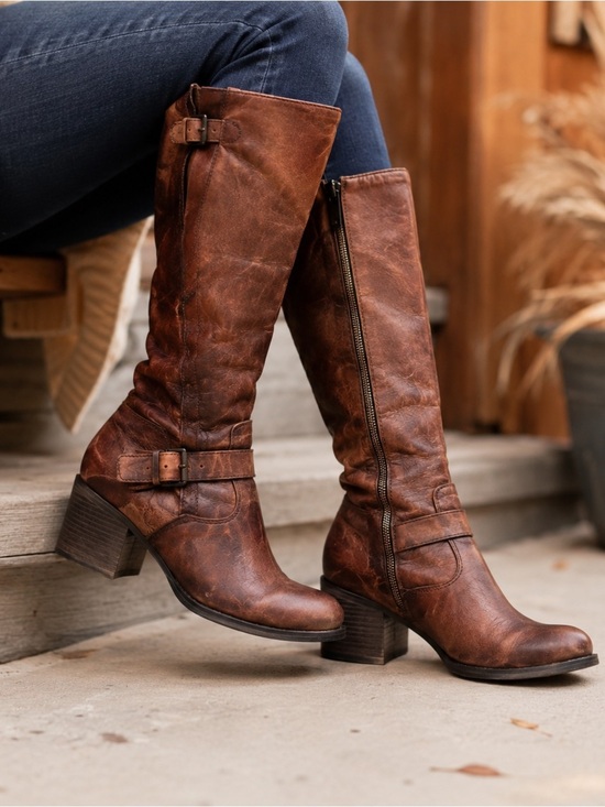 Born Shoes - Børn Tall Leather Riding Boots Brown Buckle Zip Comfort Boots Women’s 7.5